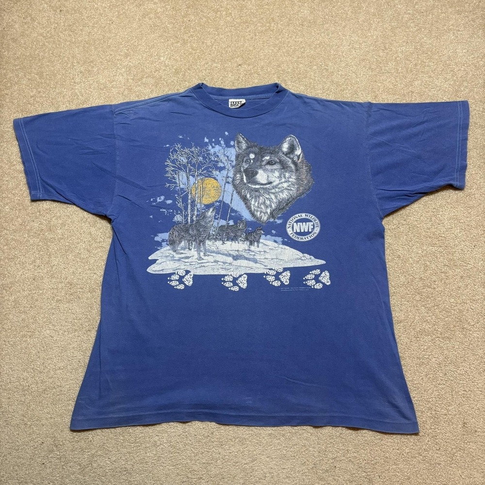 Vtg 90s Wolf Shirt Mens XL Blue National Wildlife Federation Wolves Nature Snow